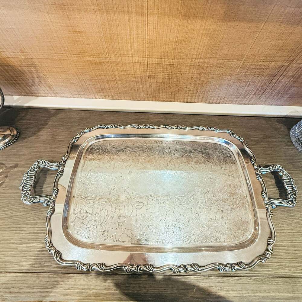 Vintage Silver Plated Serving Tray With Handles Ornate Floral Etched